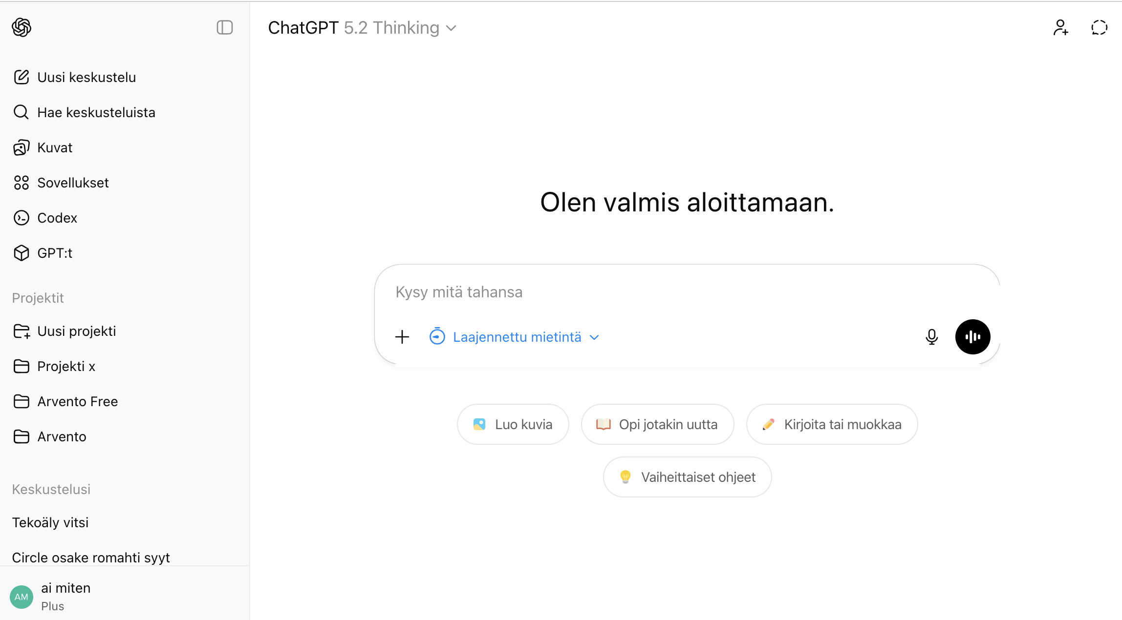 ChatGPT 5.2 Thinking -käyttöliittymä: mallinvalinta, sivupalkki, keskustelupalkki ja pikavalinnat