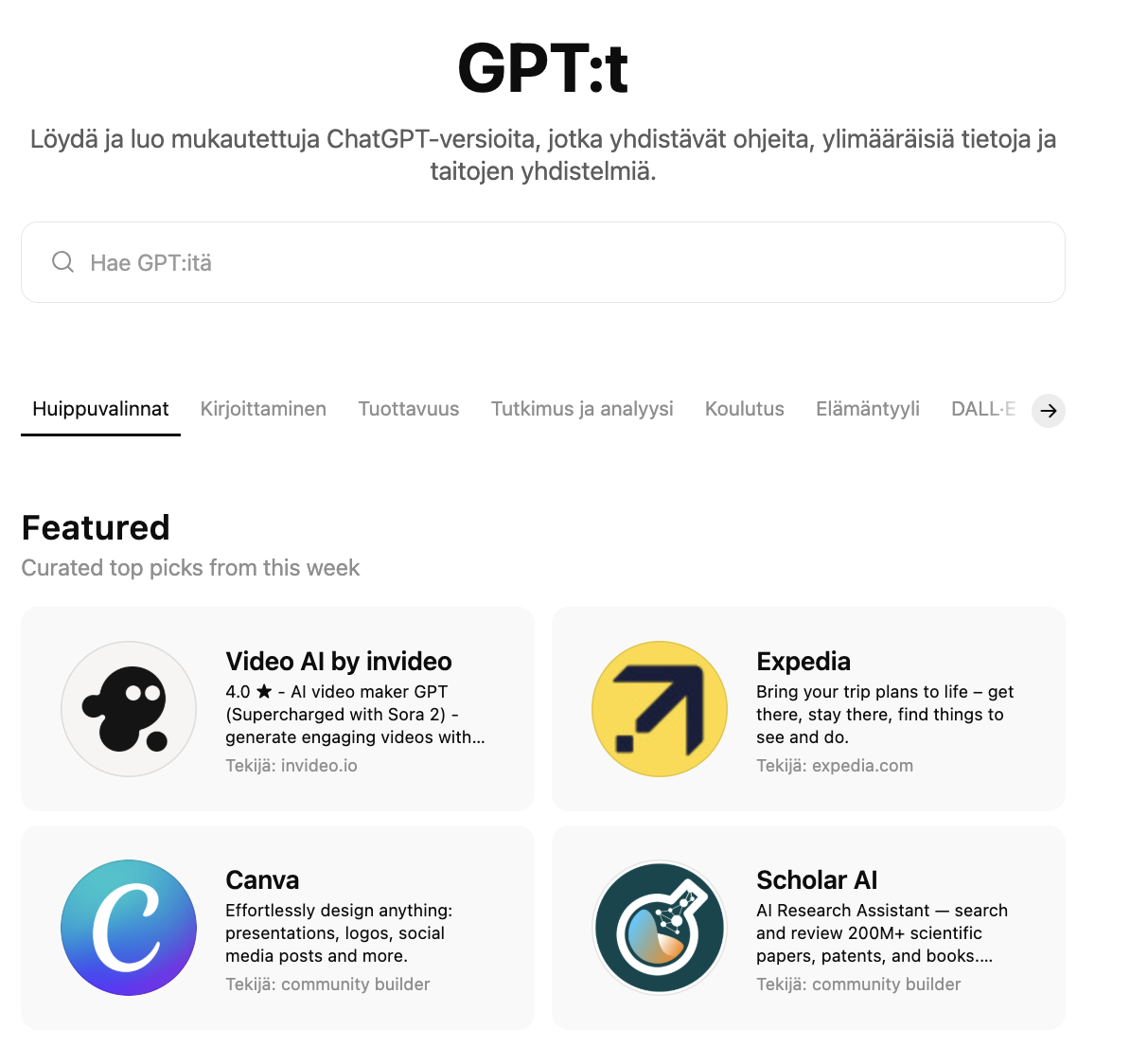 GPT Store: mukautetut GPT:t kategorioittain – Huippuvalinnat, Kirjoittaminen, Tuottavuus, Tutkimus ja analyysi