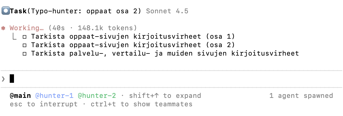 Claude Code Agent Teams: kolme agenttia työskentelee rinnakkain kirjoitusvirheiden tarkistuksessa
