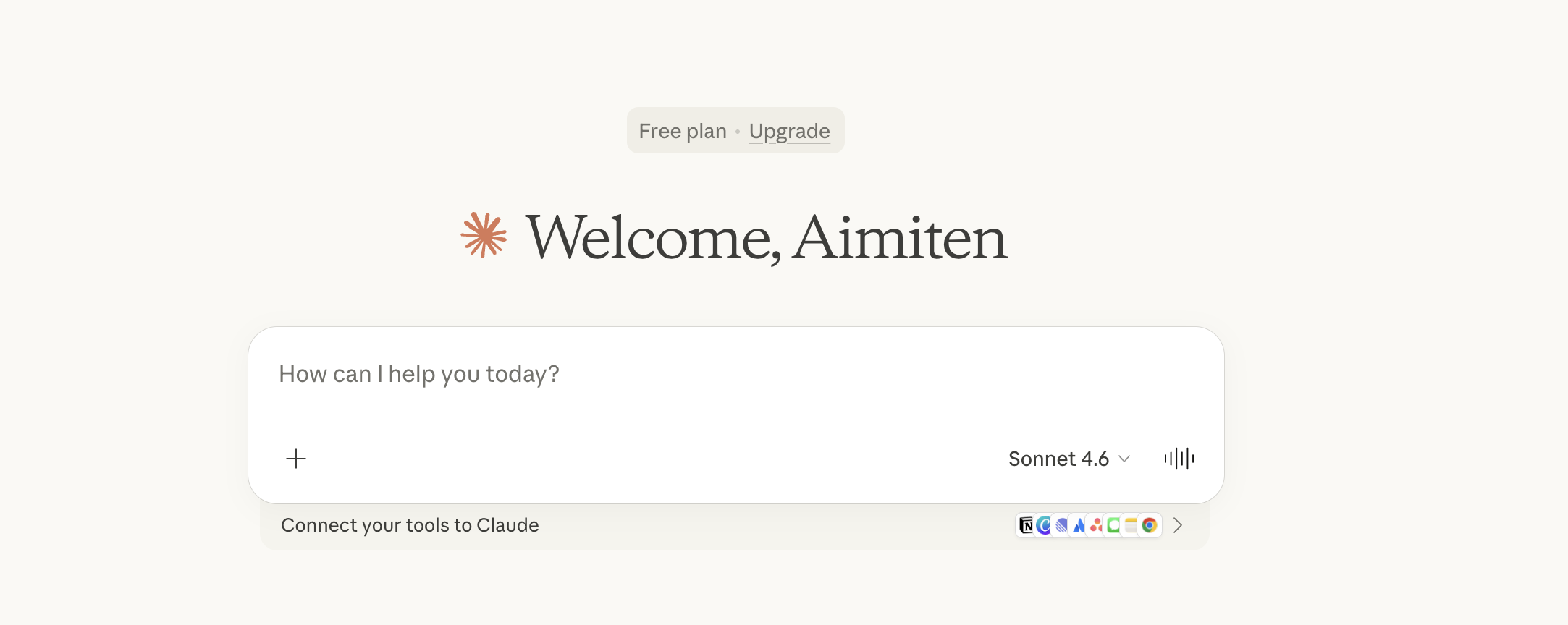 Claude.ai:n chat-näkymä kirjautumisen jälkeen: Sonnet 4.6 -mallinvalinta, viestipalkki ja connector-ikonit