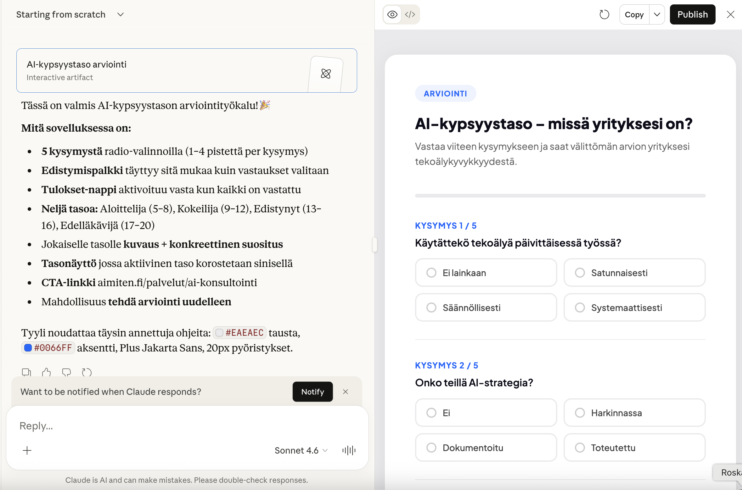Claude Artifact: interaktiivinen AI-kypsyystason arviointityökalu chatin vieressä erillisessä paneelissa
