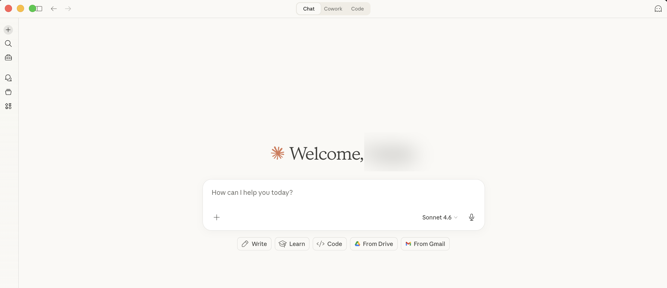 Claude desktop -sovellus macOS:ssa: chat-näkymä ja pikahaku
