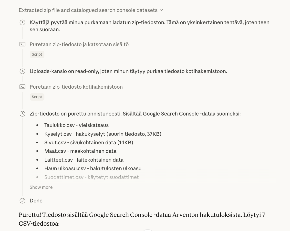 Claude purkaa zip-tiedoston ja analysoi Google Search Console -datan automaattisesti