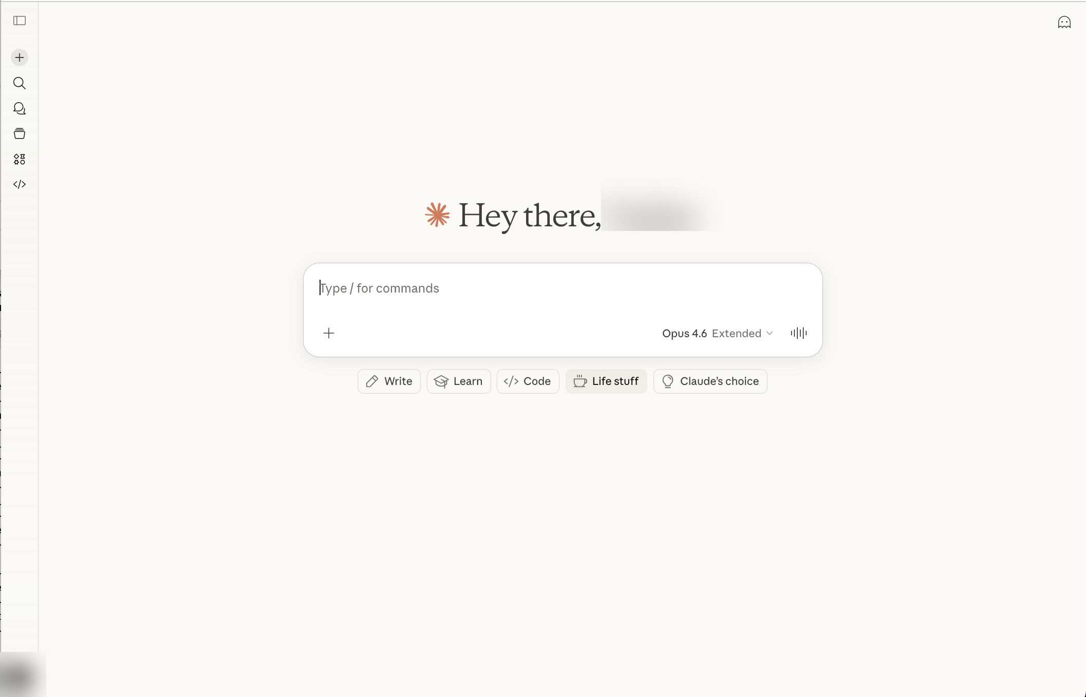 Claude.ai-käyttöliittymä: chat-näkymä, jossa näkyy mallinvalinta (Opus 4.6) ja keskustelupalkki
