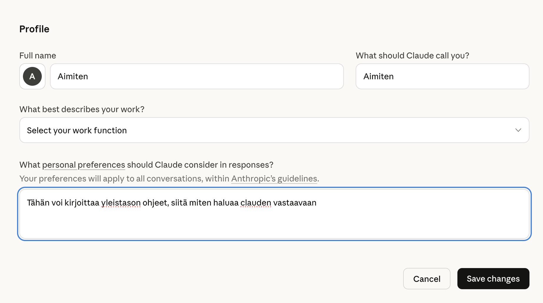 Claude-profiiliasetukset: nimi, työnkuva ja yleisohjeet vastauksille