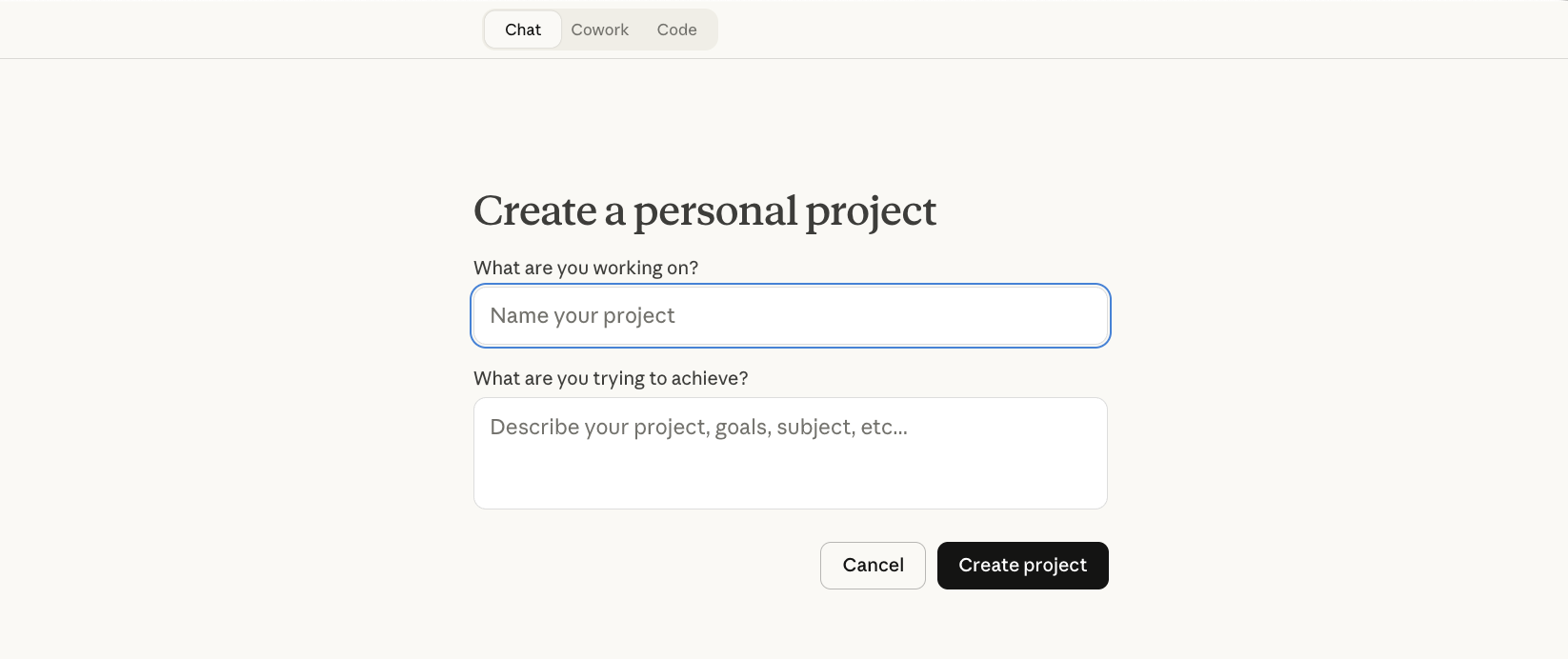 Claude Projects: projektin luonti – anna nimi ja kuvaus, valitse Chat, Cowork tai Code