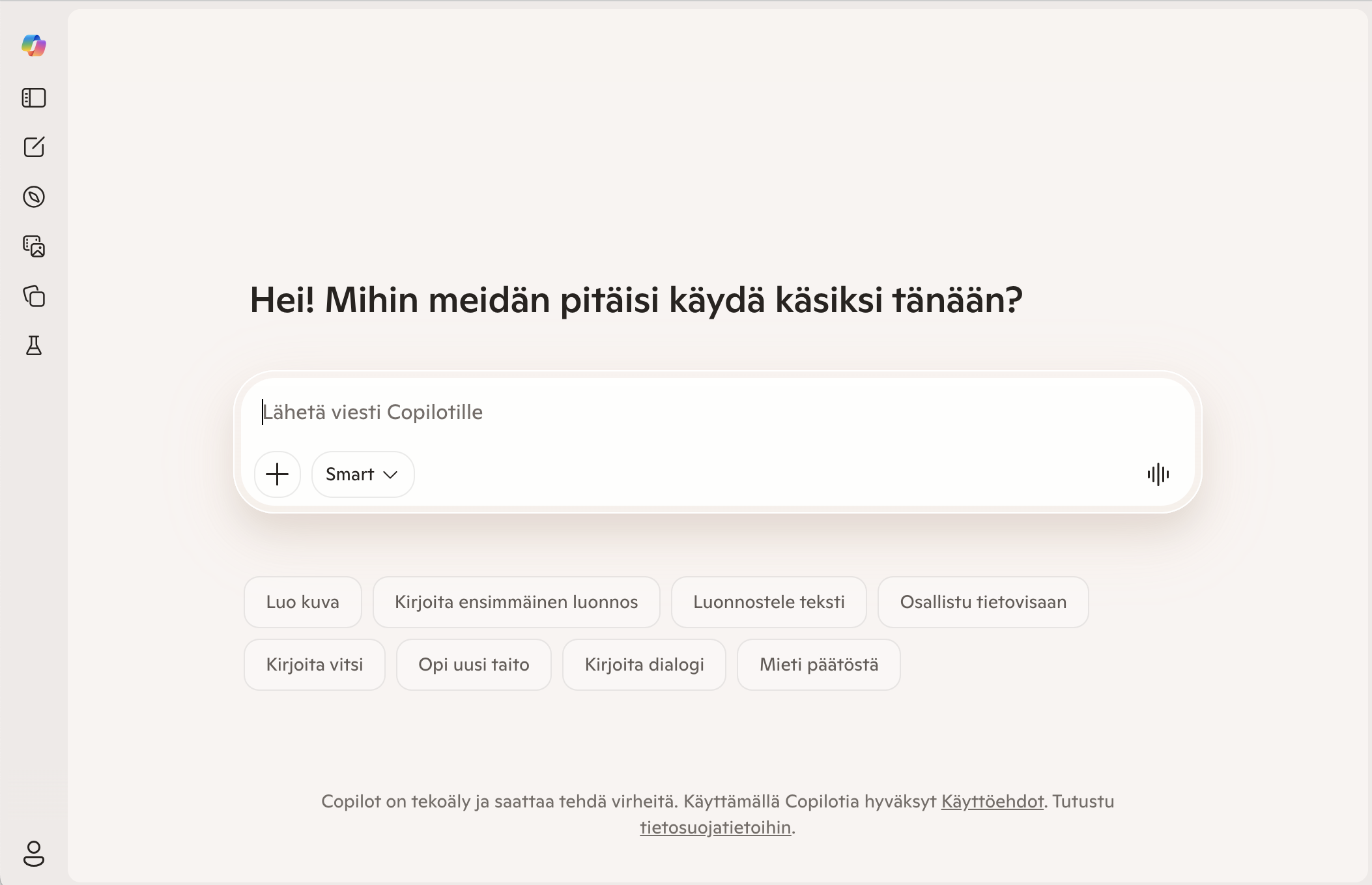 Microsoft Copilot -käyttöliittymä: chat-näkymä pikakategorioilla kuten Luo kuva, Luonnostele teksti ja Opi uusi taito