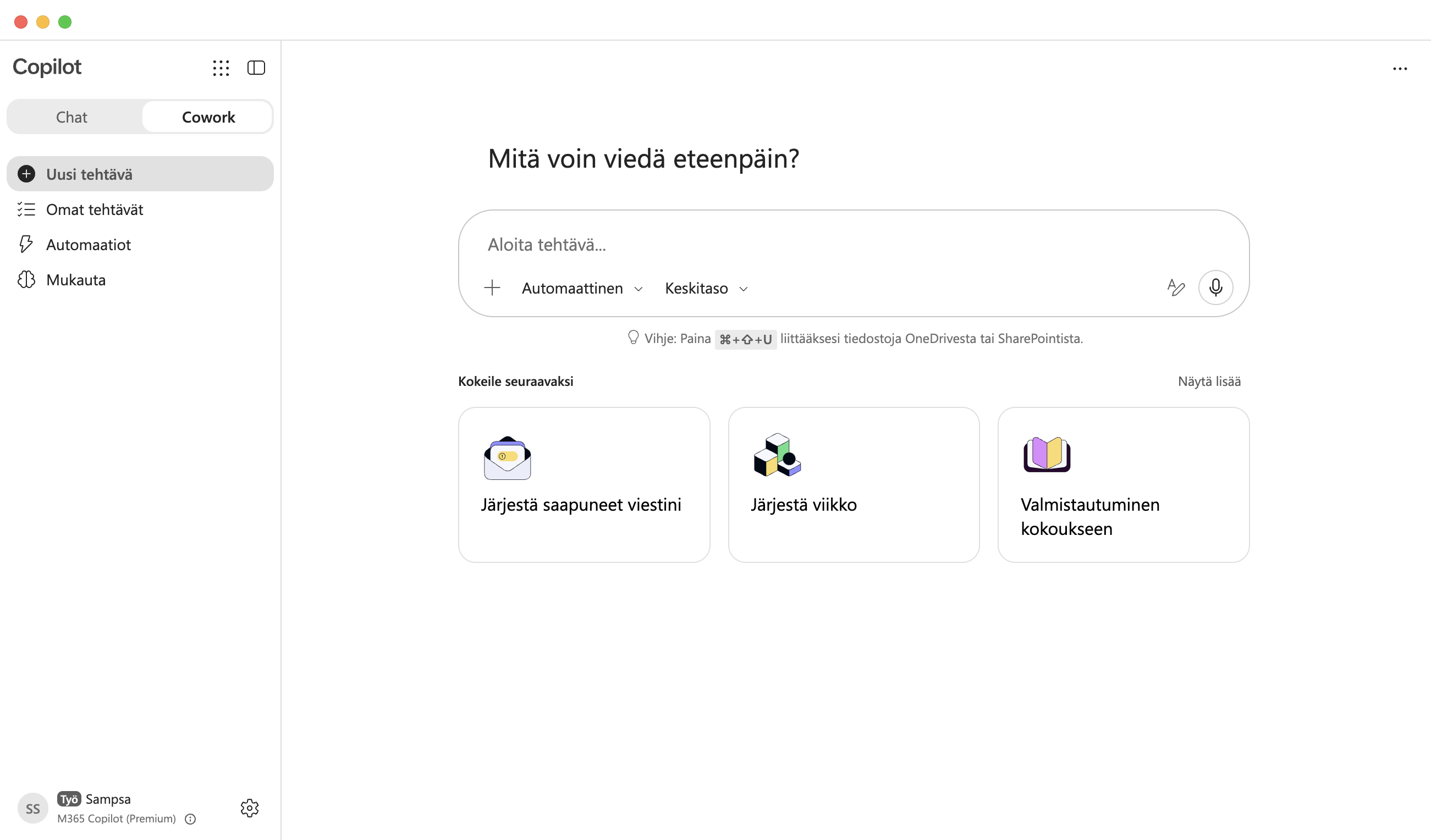 Microsoft 365 Copilot -sovelluksen Cowork-välilehti macOS:ssä: Uusi tehtävä -näkymä, tehtäväkenttä ja ehdotukset Järjestä saapuneet viestini, Järjestä viikko ja Valmistautuminen kokoukseen