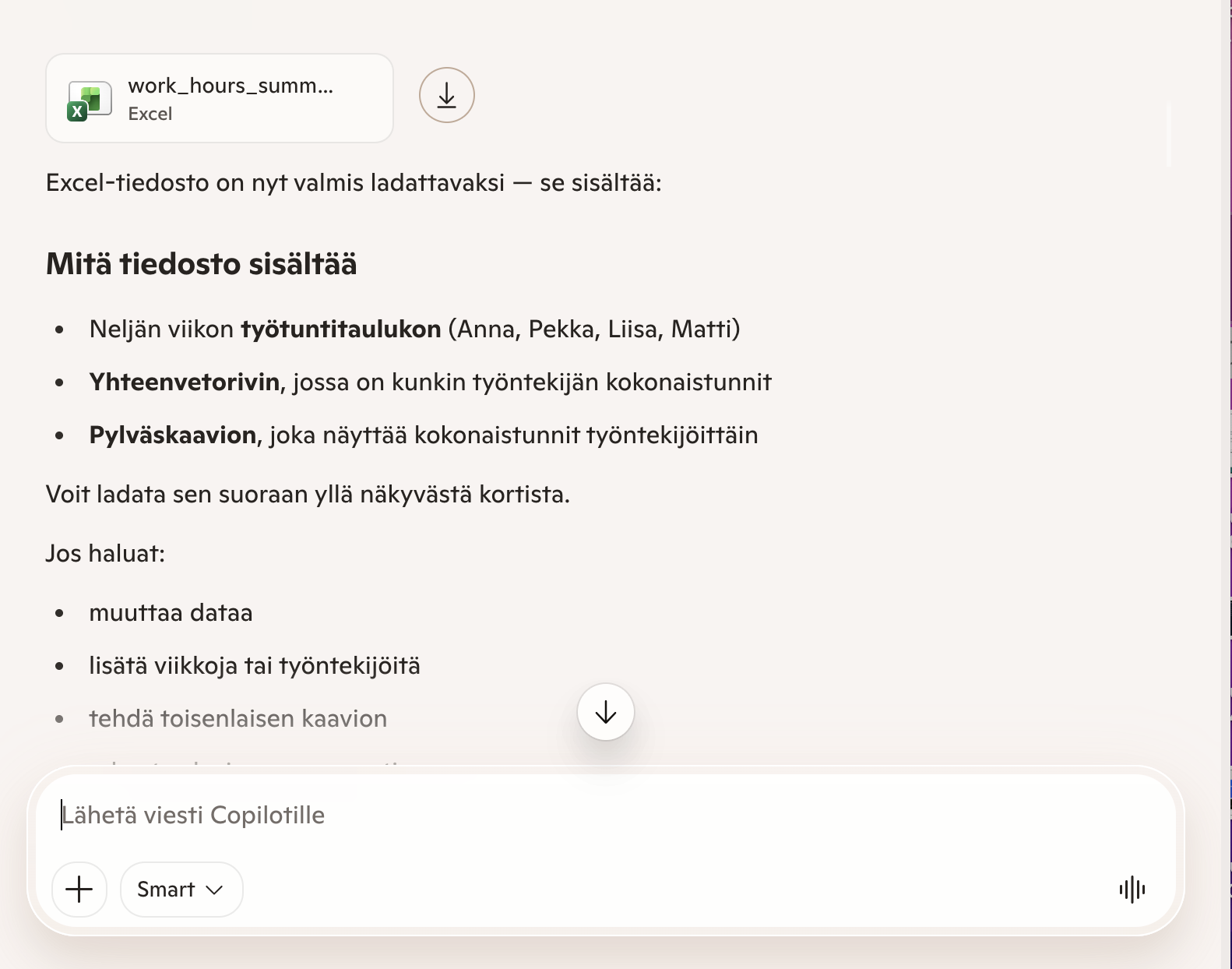 Copilot luo Excel-tiedoston: työtuntitaulukko neljälle työntekijälle pylväskaaviolla