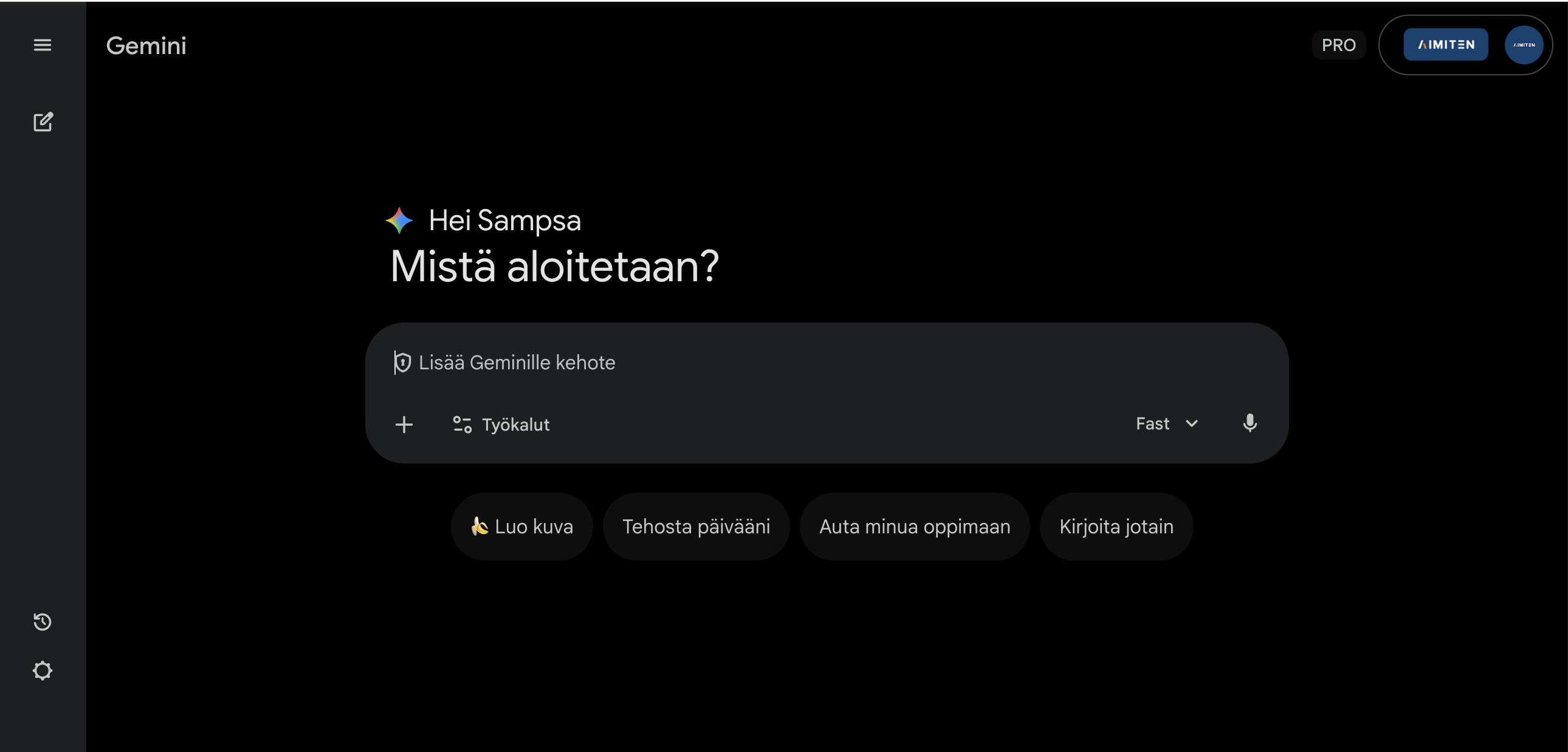 Gemini-sovelluksen chat-näkymä: mallinvalinta (Gemini 3 Pro), keskustelupalkki ja sivupaneeli