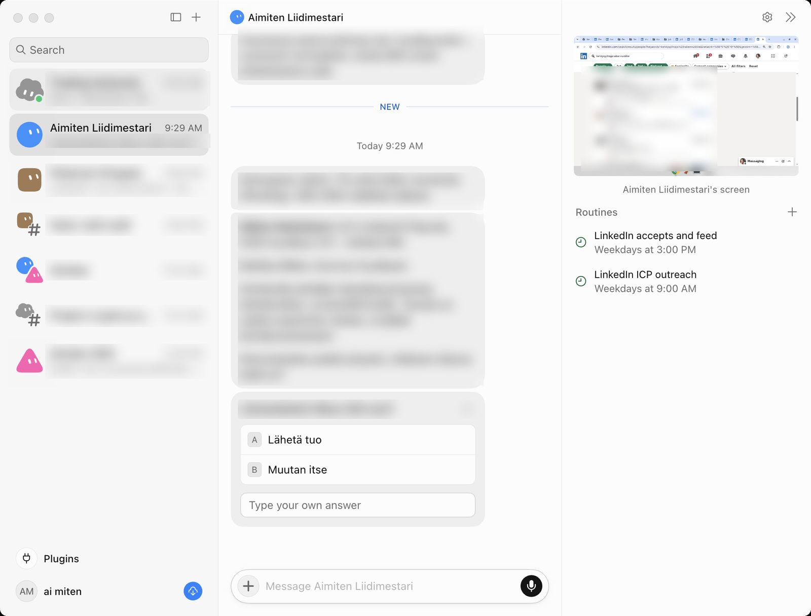 Grok Bot -sovellus: Aimiten Liidimestari -botin keskustelu, jossa botti kysyy lupaa viestin lähettämiseen, oikealla botin oma näyttö LinkedInissä ja kaksi arkipäivisin ajettavaa rutiinia