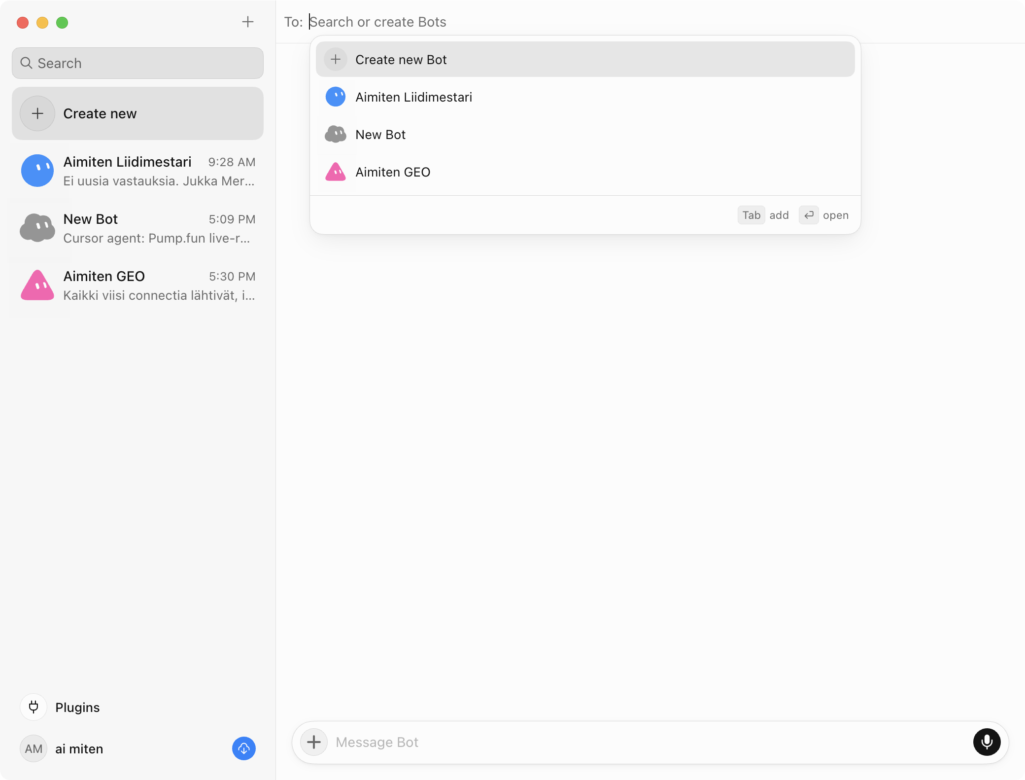 Grok Bot -sovellus macOS:ssä: vasemmalla bottien lista ja Create new -painike, oikealla uuden botin luonti ja hakukenttä