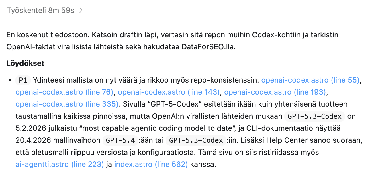 Codexin palauteraportti tämän oppaan draftista: Löydökset-otsikko ja ensimmäinen P1-löydös GPT-5-Codex-mallista