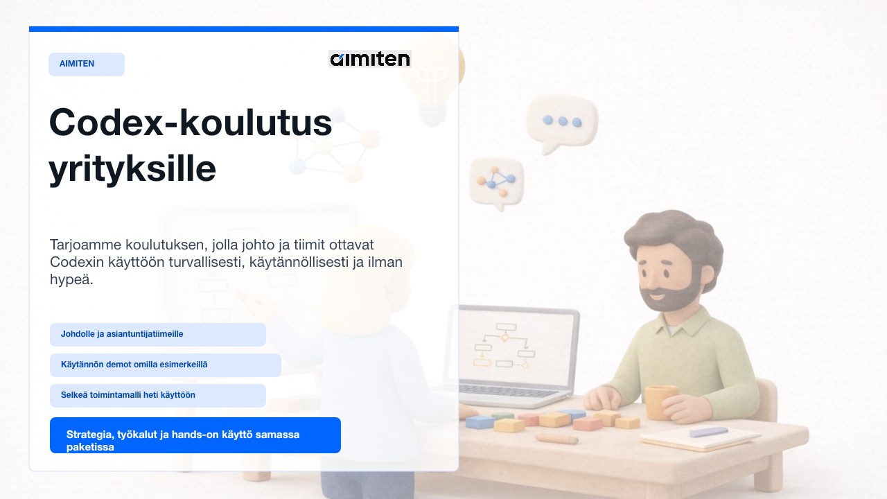 Codex-koulutuksen 3-slaidinen pitchipohja AImitenin vaalealla claymorphism-tyylillä