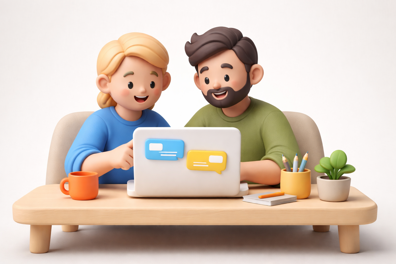 ChatGPT GPT Image 1.5 -esimerkki: 3D-claymorphism-tyylinen kuvitus kahdesta hahmosta tietokoneen ääressä