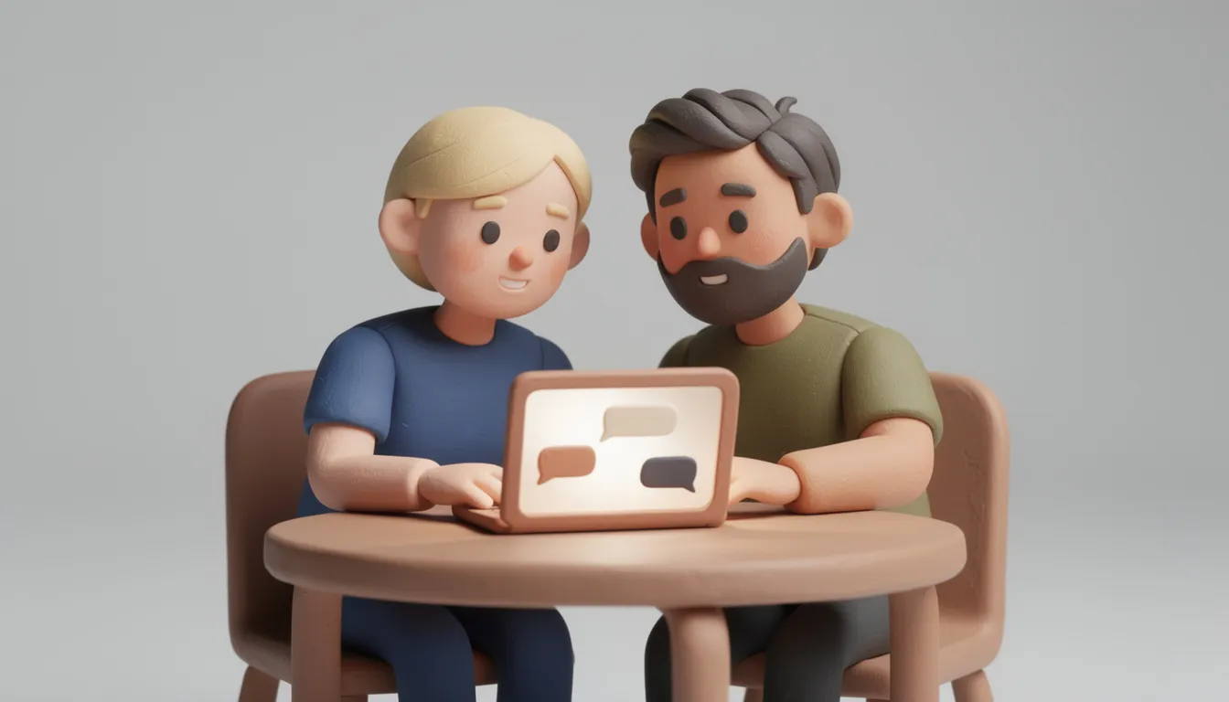 Flux 2 -esimerkki: 3D-claymorphism-tyylinen kuvitus kahdesta hahmosta tietokoneen ääressä