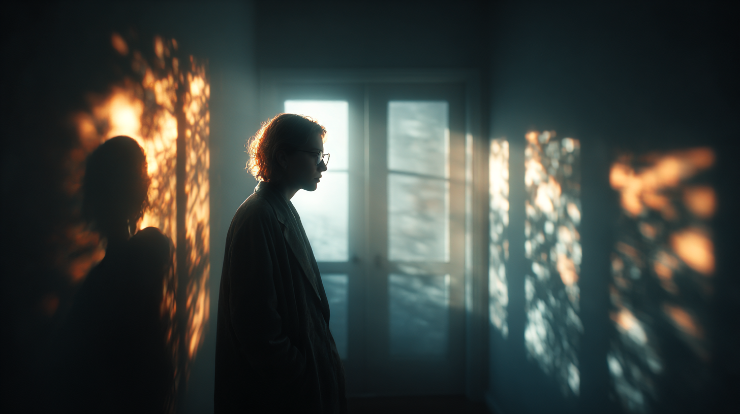 Midjourney V7 -esimerkki: elokuvamainen double exposure -kuva henkilöstä fragmentoituneiden valoheijasten keskellä