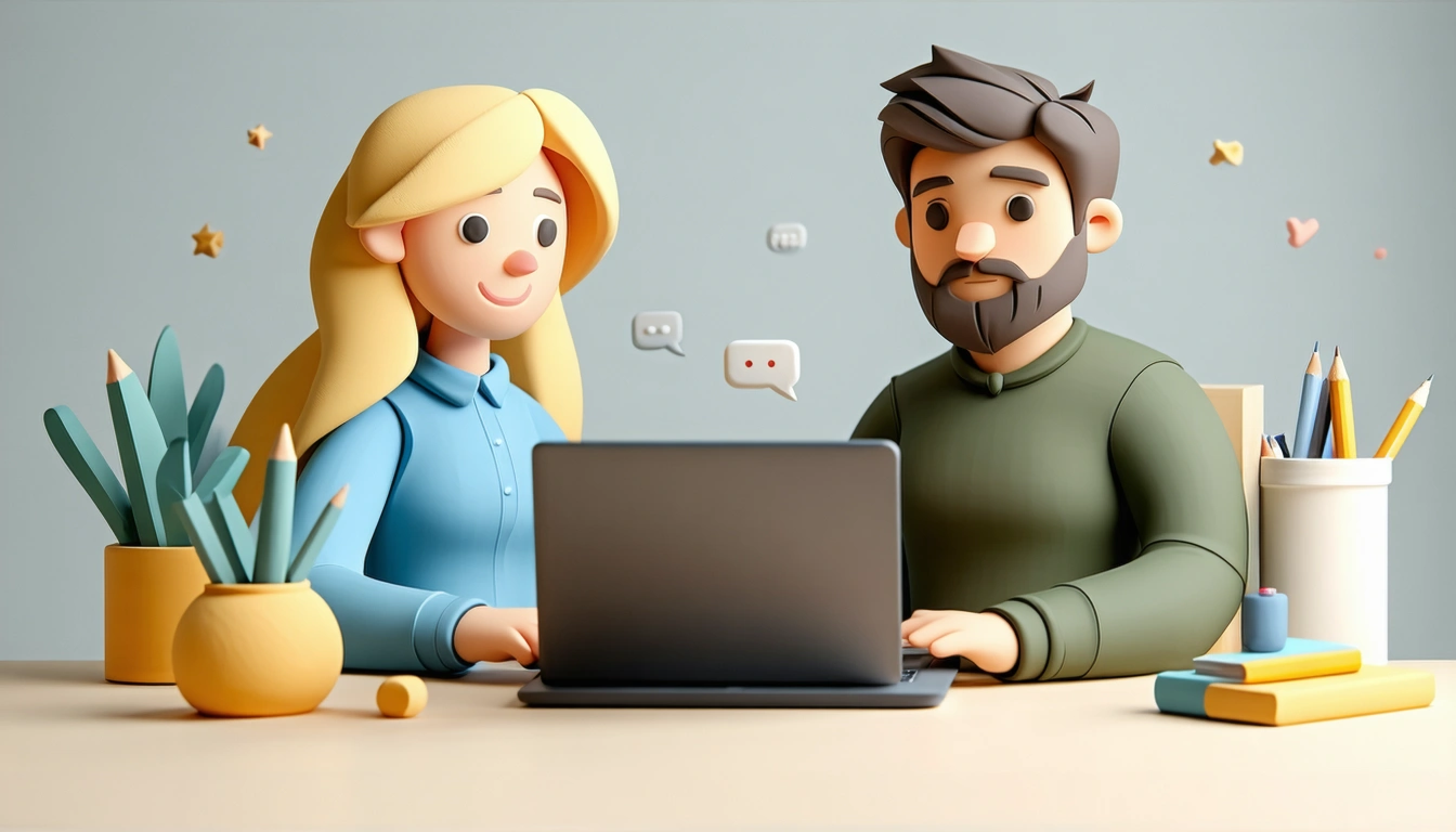 Stable Diffusion 3.5 -esimerkki: 3D-claymorphism-tyylinen kuvitus kahdesta hahmosta tietokoneen ääressä