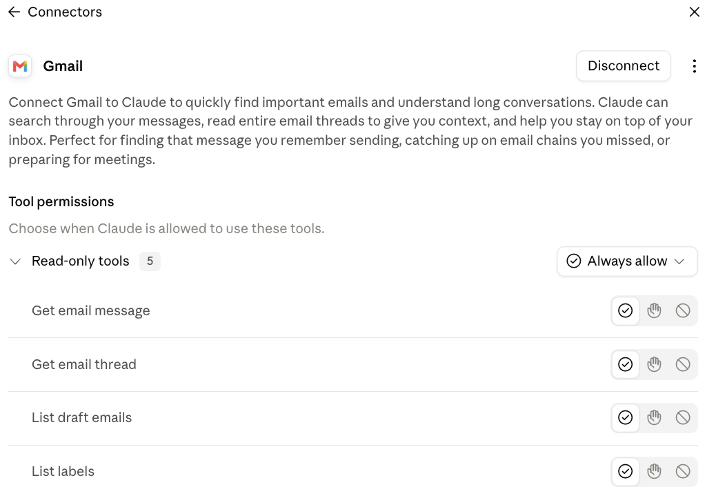 Claude, Connectors-asetukset: Gmail-liittimen työkalukohtaiset oikeudet, lukutyökalut ryhmänä “Always allow” ja jokaiselle työkalulle valinnat salli, kysy tai estä