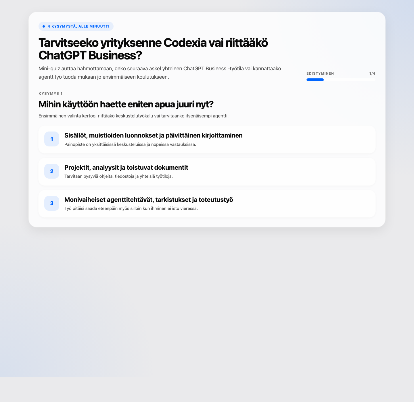 Kuvakaappaus tälle sivulle rakennetusta mini-quizistä, jossa kysytään tarvitseeko yritys Codexia vai riittääkö ChatGPT Business