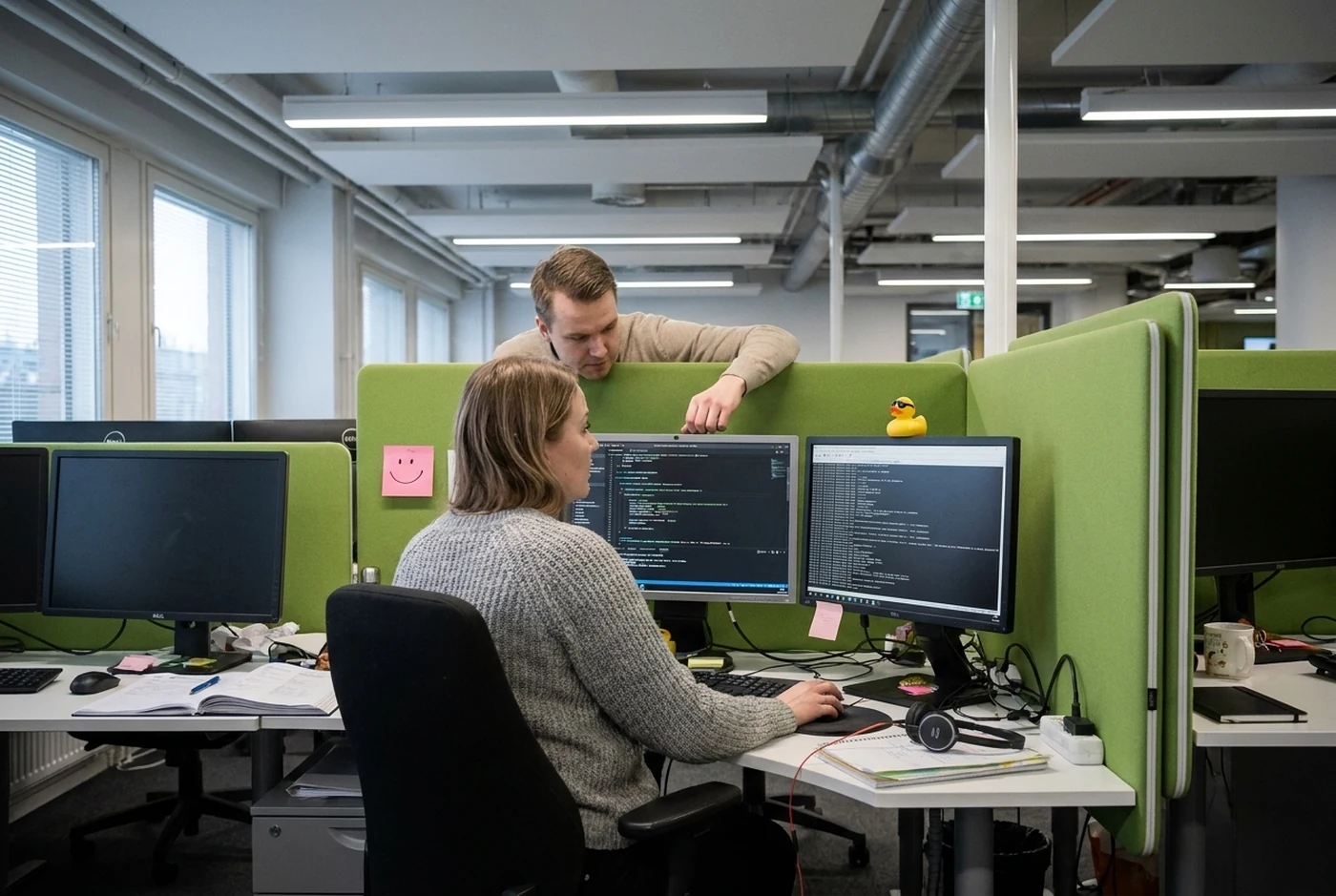 Esityskuva ohjelmistoyrityksen vuosikertomukseen: kaksi työntekijää katsoo näyttöä avokonttorissa, vihreät sermit, kumiankka sermin päällä.